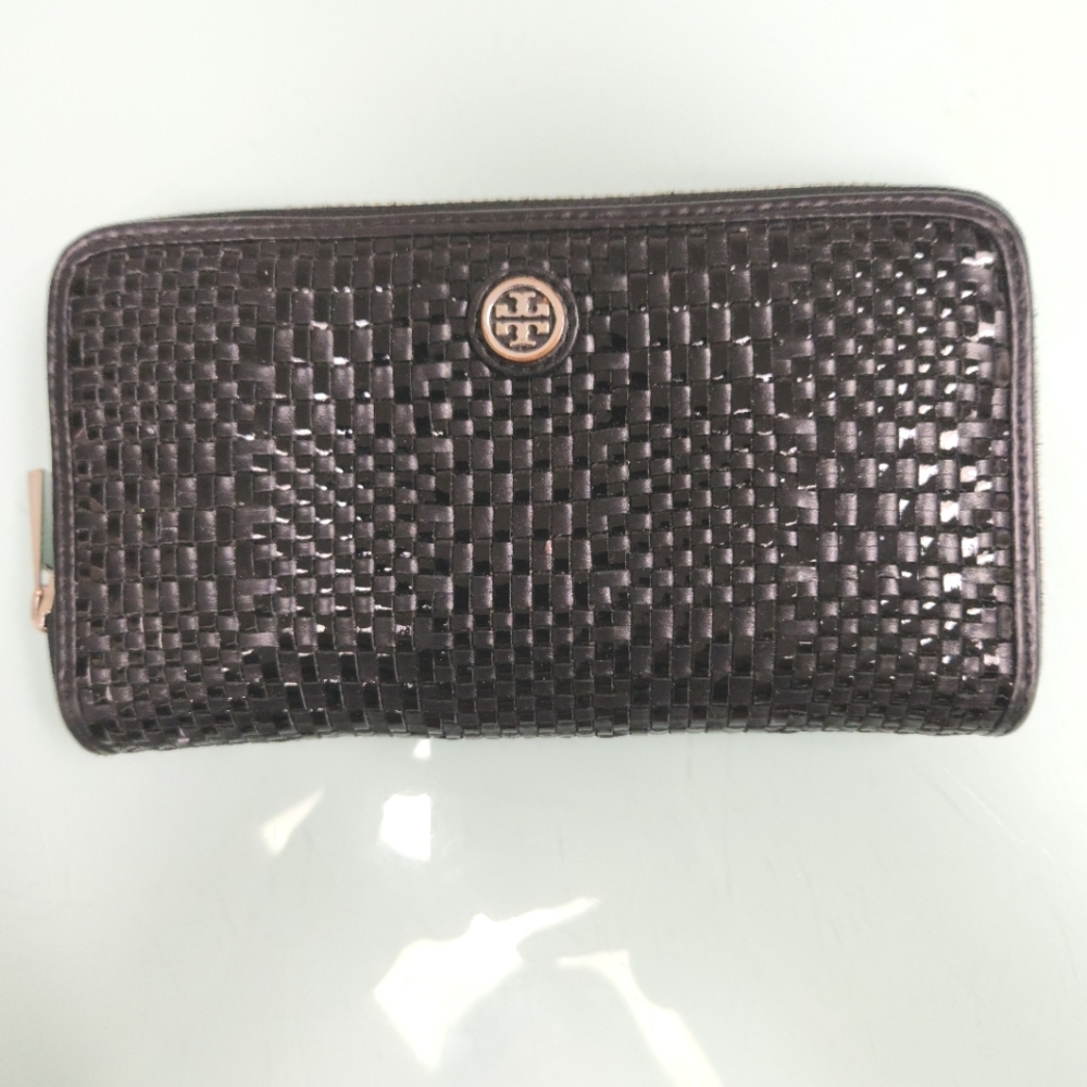 Tory Burch Black Woven Zip-Around Wallet